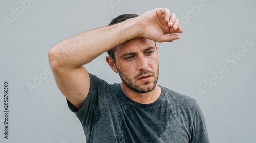 A man sweating profusely, wiping his brow in the heat. He looks tired and exhausted from the high temperature