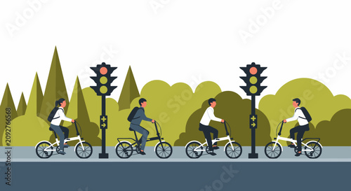 Commuters riding folding bicycles past a traffic light in the city park
