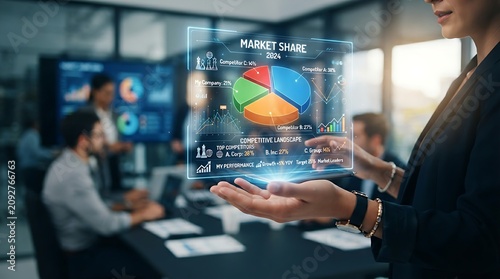 Business strategist presenting market share hologram with 3D pie chart and competition icons for corporate growth analysis.