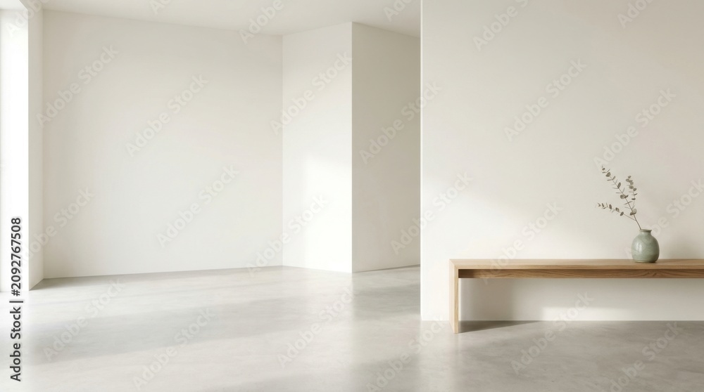 Fototapeta premium Minimalist empty room with concrete floor, white walls, and wooden shelf with vase