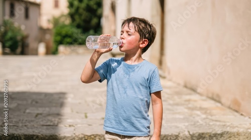 A young boy in a blue t-shirt drinks water from a plastic bottle on a sunny day. He appears to be sweating, suggesting it's hot weather.