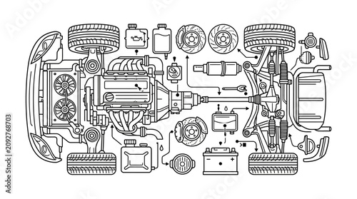 Bild auf Leinwand Sleek Black and White Line Drawing Exploded View Diagram of Car Engine and Key C