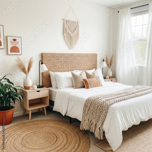Cozy bohemian bedroom with natural textures and soft lighting.