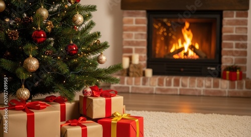 Cozy Christmas fireplace with decorated tree and wrapped gifts.