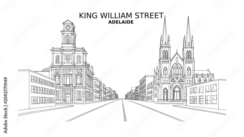 Fototapeta premium King William Street Adelaide Historic City Centre Line Art Vector