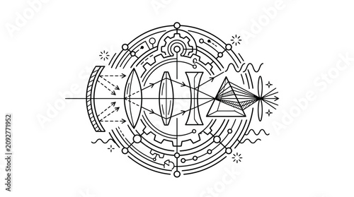 Konstfotografi Industrial Black and White Line Art Diagram of Complex Lens System with Mechanic