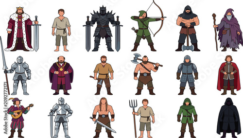 Quadro su tela PrintMedieval RPG character set with king knight warrior archer wizard peasant a