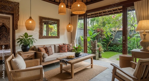 Cozy living room with garden view and natural lighting.