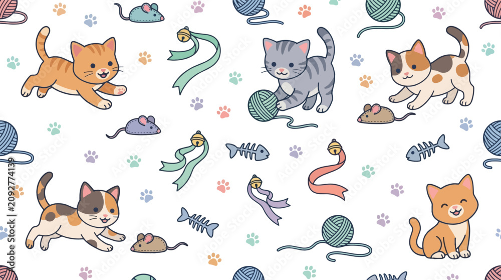 Fototapeta premium Cats play with colorful toys and yarn in a lively scene