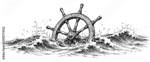 Classic vintage engraving of a ship steering wheel surrounded by ocean waves, representing navigation, maritime adventure, leadership, and sea travel.