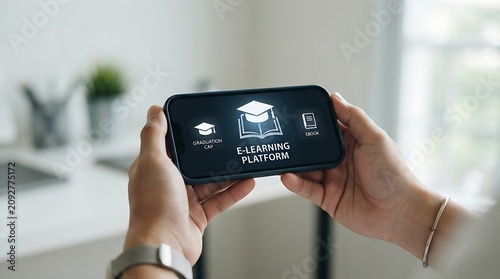 Online education and digital learning concept with graduation hat and book icons for e-learning platforms and skill development.