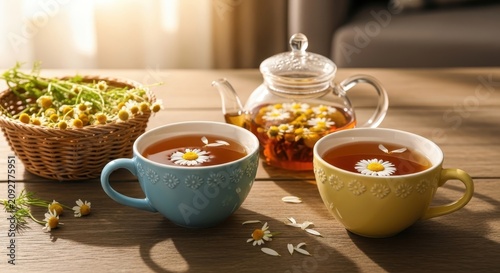 Cozy tea time with fresh herbs and warm sunlight.