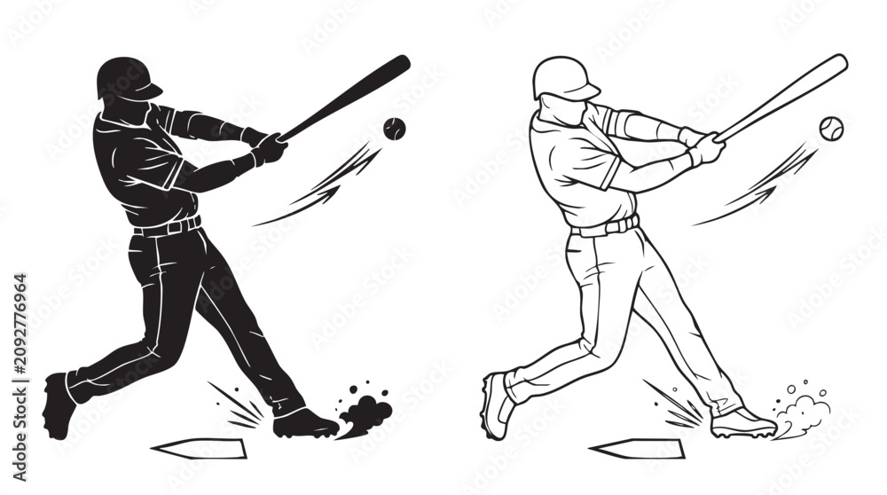 Fototapeta premium baseball player hitting ball black silhouette with line art black silhouette with line art vector icon