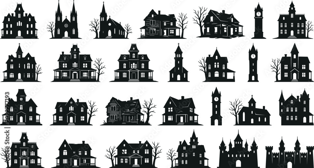 Fototapeta premium Haunted House Silhouette Vector Bundle with Gothic Buildings, Castles and Church Clipart Set