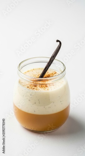 Creamy layered dessert in glass with cinnamon and spoon.