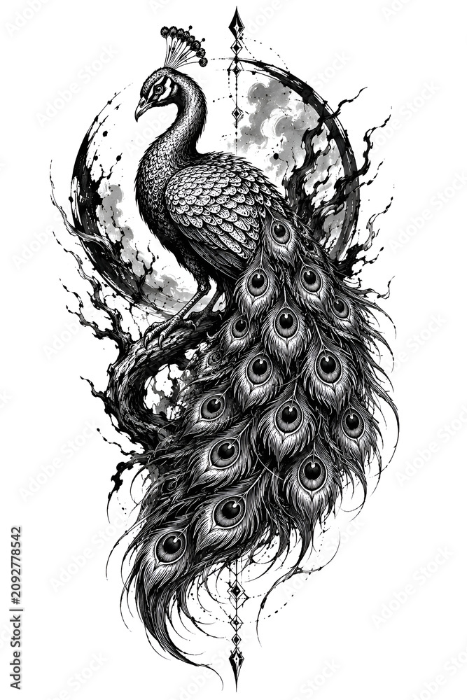 Fototapeta premium Peacock Tattoo Design | Blackwork Ornamental Bird Tattoo | Monochrome Ink Art