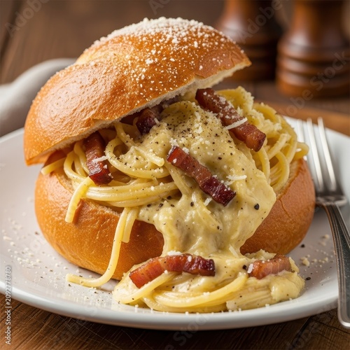 Creamy Pasta Filled Bun on White Plate with Fork.