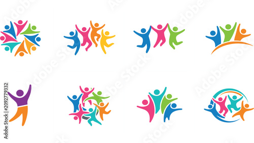 Colorful Abstract People Figure Icon Set representing Joyful Community Unity Success Teamwork and Freedom for Non Profit Charity Logo Designs