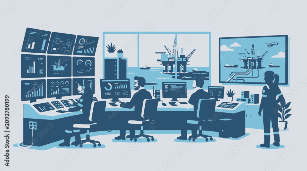 Fototapeta premium Oil rig control room with engineers monitoring offshore platform operations on multiple screens