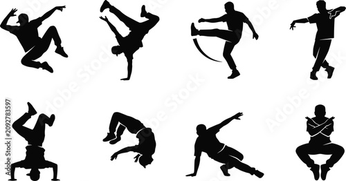 Fotografía Set of minimalist solid black breakdancer silhouettes performing dynamic hip hop