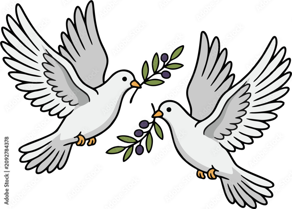 Fototapeta premium Two Flying Doves with Olive Branch, Peace Symbol Cartoon Vector Illustration for Wedding and Greeting Card Design