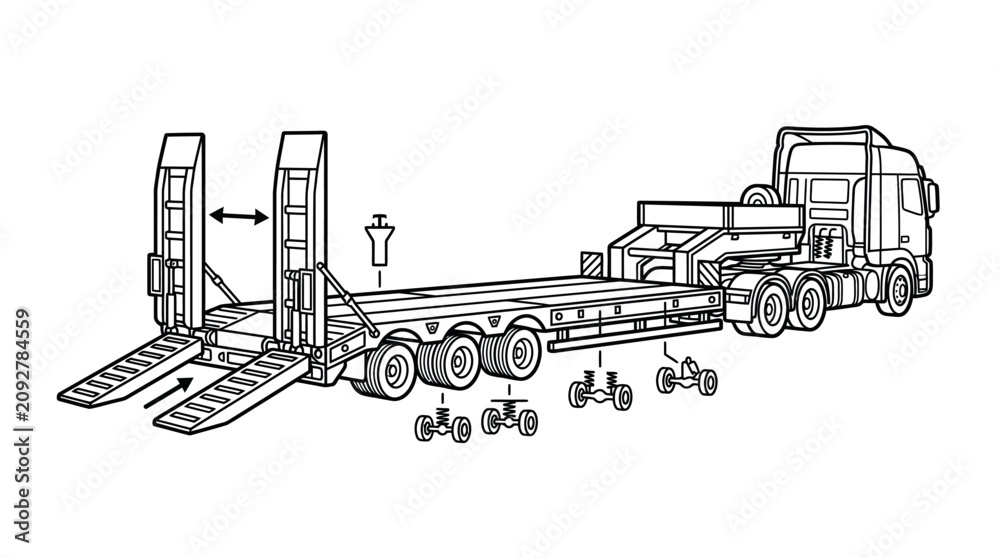 Obraz premium Dynamic Flatbed Truck with Extendable Ramps and Heavy Duty Axles for Transporting Large Equipment