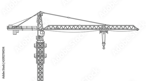 Photos Sleek Black and White Line Drawing of Tower Crane with Extended Jib and Hoisting