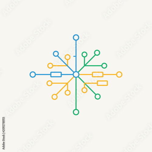 Colorful abstract snowflake or circuit board icon representing digital technology, network connections, data flow, and innovation.