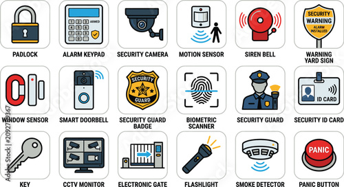 Konstfotografi Collection of color security and protection system icons with security protectio