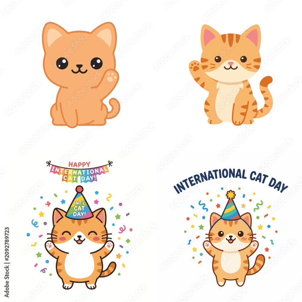 Fototapeta premium Set of cute cartoon ginger cats celebrating International Cat Day with party hats and confetti.