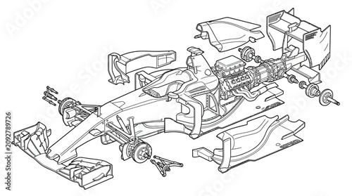 Bild auf Leinwand Minimalist Black and White Line Drawing Exploded View of a Classic Car Engine an