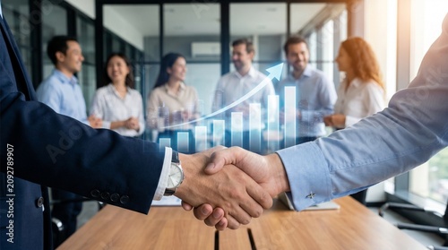 Business deal handshake between executives in modern office, corporate success concept featuring strategic alliance, teamwork, negotiation and professional partnership
