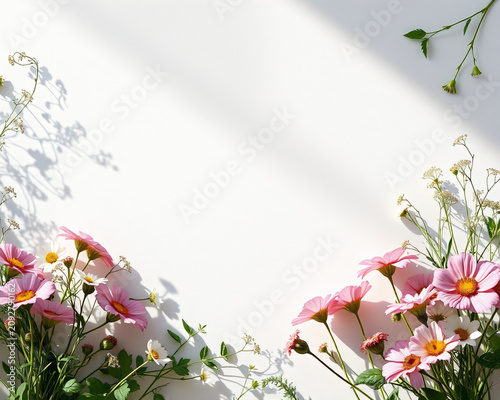 Composition florale minimaliste sur fond blanc avec fleurs roses et branches printanières, cadre floral élégant et aéré idéal pour carte de vœux ou design graphique