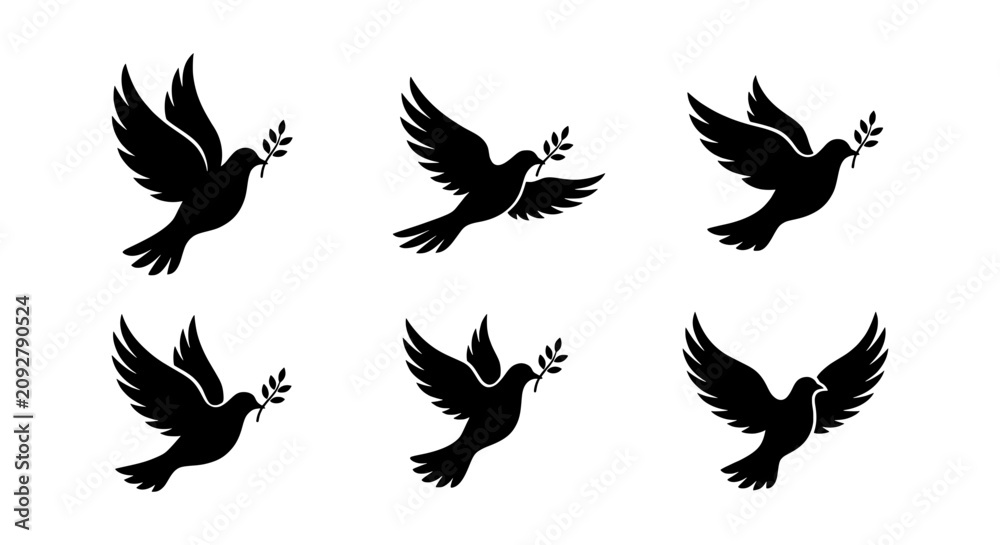 Fototapeta premium Peace Dove Icons, Flying Bird Silhouettes with Olive Branch, Vector Graphics