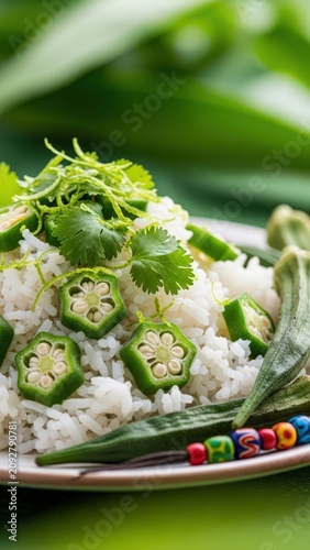 Gourmet okra in coconut rice with micro-cilantro and lime zest against fresh green negative space