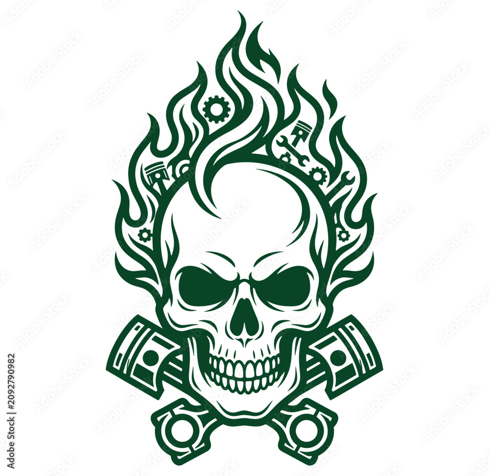 Fototapeta premium Green skull with flames and engine parts crossed bones tattoo design