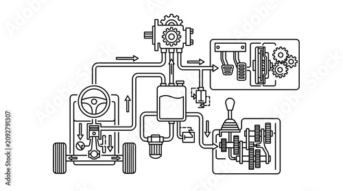 Foto Clean Black and White Line Drawing Diagram of a Car Engine and Transmission Syst