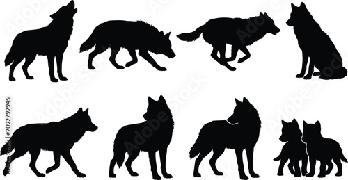 Schilderij op canvas Set of black wolf silhouettes in various poses including howling, running, standing, sitting, and wolf cubs playing
