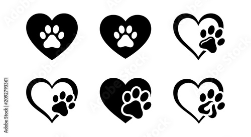 фотографія Paw Print Heart Icons, Pet Love Vector Set, Animal Care Graphics