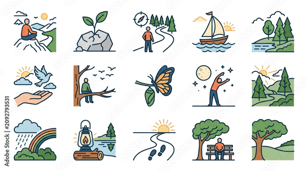 Obraz premium Collection of Nature and Outdoor Activity Illustrations.