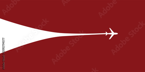 Conceptual Minimalist Vector Illustration of Airplane with White Jet Stream Contrail on Dark Red Maroon Background