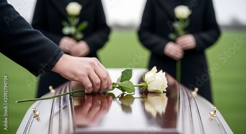 Hand placing white rose on coffin at funeral, grief and remembrance