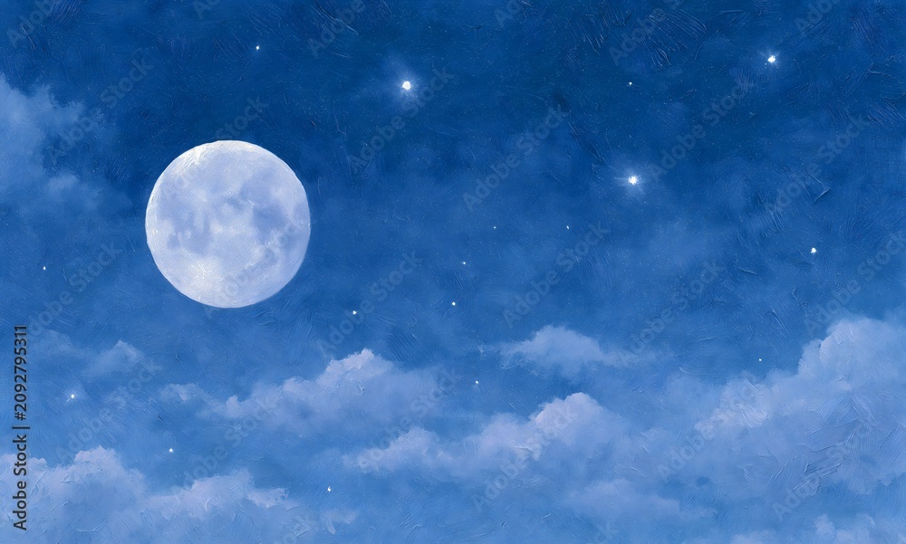 Fototapeta premium oil painting of a giant full moon glowing in a deep blue night sky, surrounded by bright stars and soft drifting clouds, rich blue tones, silver moonlight