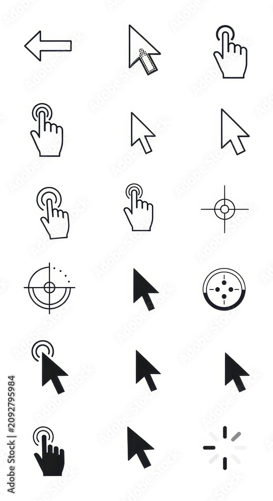 Fototapeta premium Collection of black cursor and touch icons on white background.