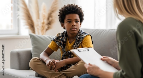 Young African American boy having professional counseling session with child psychologist