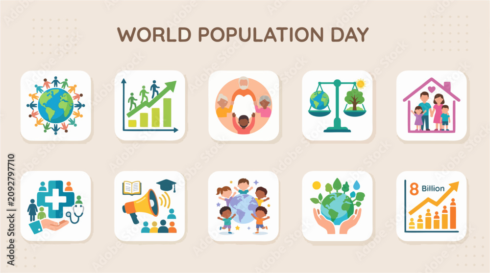 Fototapeta premium World population day square icons set with global people growth chart family 8 billion diversity healthcare education and eco earth vector illustration