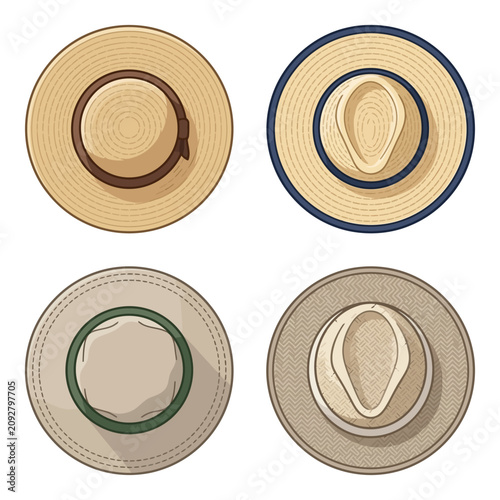 Collection of four stylish summer sun hats top view