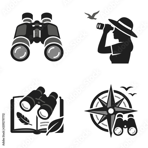 Birdwatching and nature exploration vector icons set