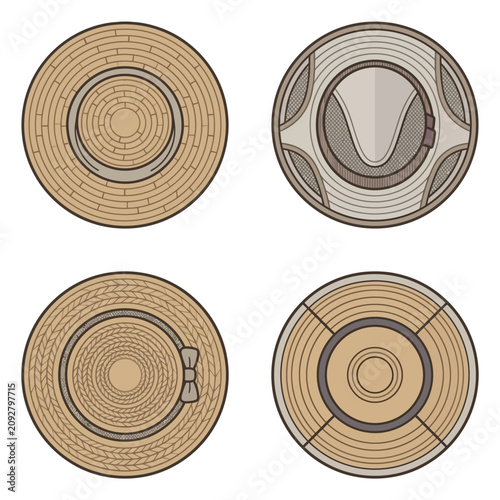 Set of various straw hat icons from top view