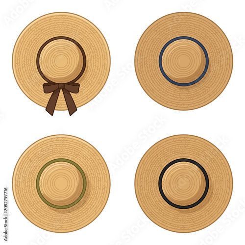 Set of Four Summer Straw Hats Viewed from Above